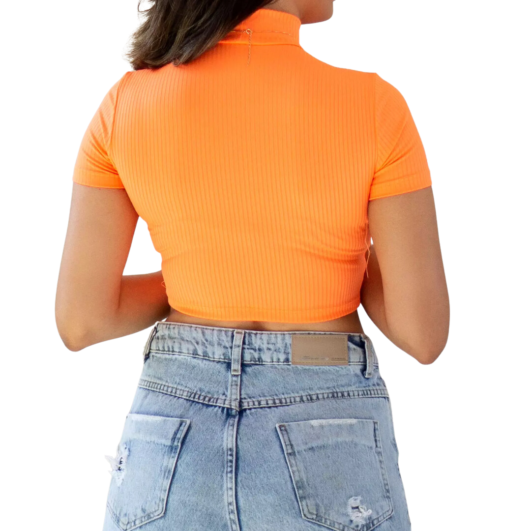 Cropped Canelado Manguinha Gola Alta