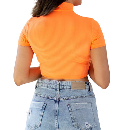Cropped Canelado Manguinha Gola Alta