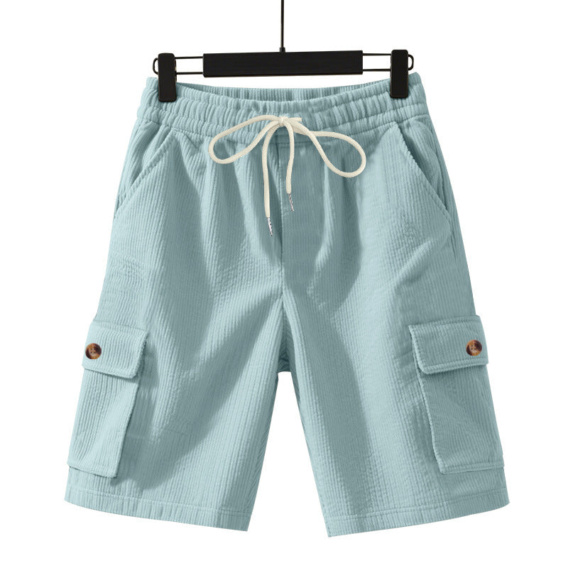 Shorts masculinos cropped utilitários de veludo cotelê grosso e folgado.