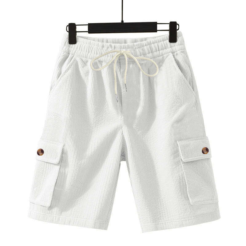 Shorts masculinos cropped utilitários de veludo cotelê grosso e folgado.