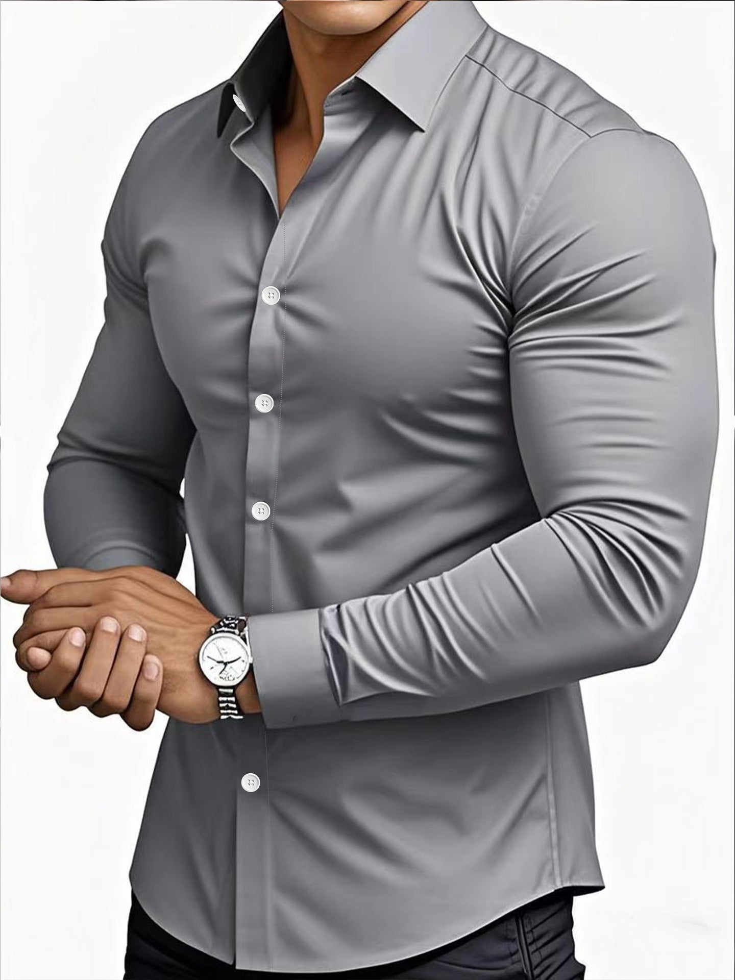 Camisa masculina casual de manga comprida em cor sólida para primavera e outono.