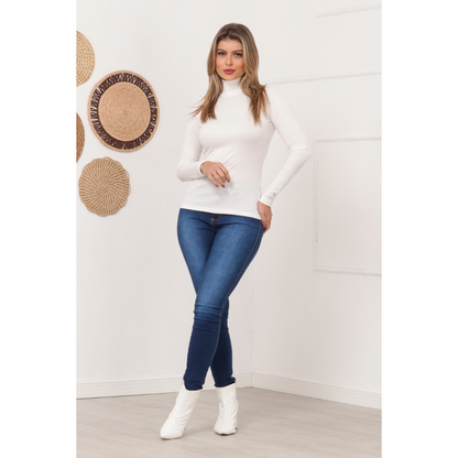 Blusa Canelada Gola Alta Manga Longa