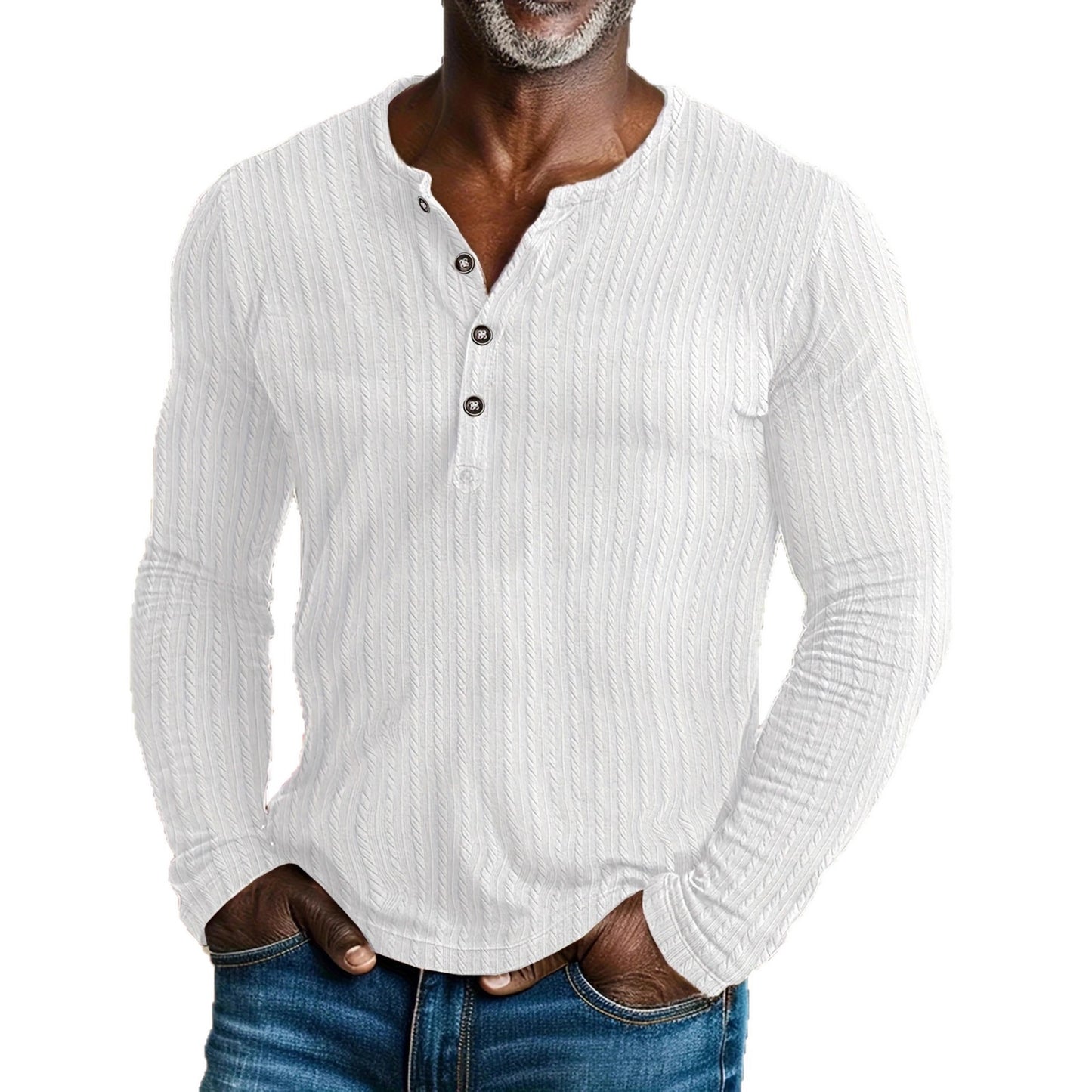 Camisa de malha texturizada de cor sólida com gola redonda e mangas compridas com botões.