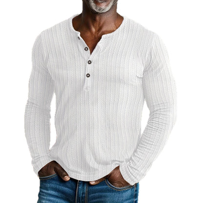 Camisa de malha texturizada de cor sólida com gola redonda e mangas compridas com botões.