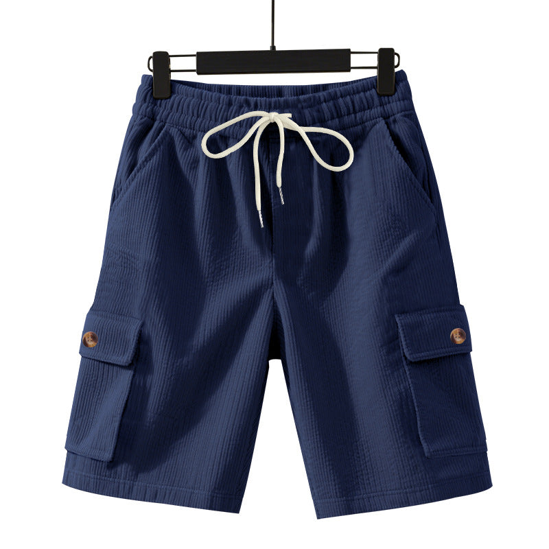 Shorts masculinos cropped utilitários de veludo cotelê grosso e folgado.