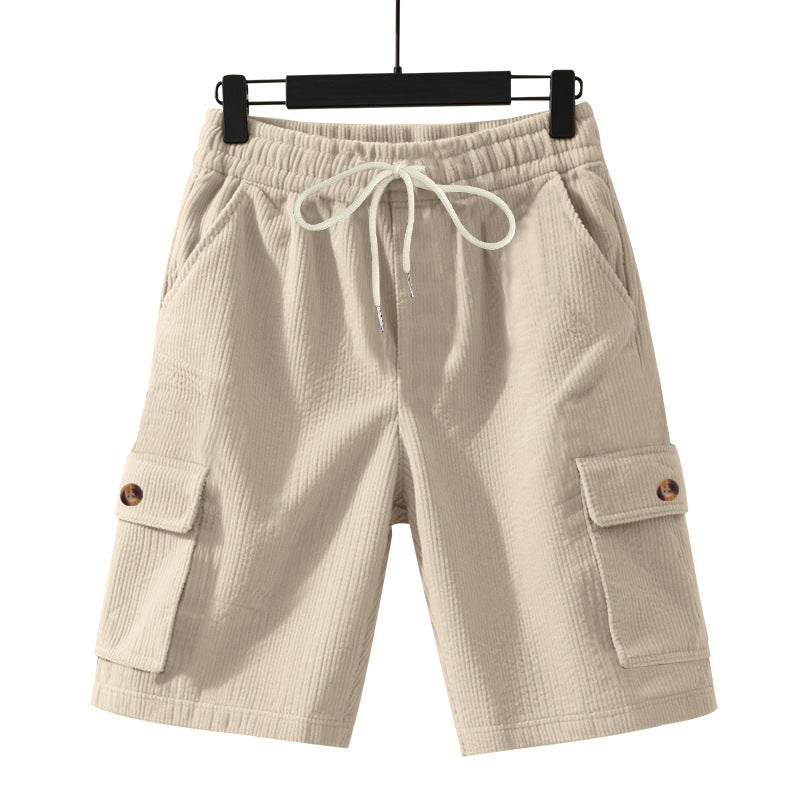 Shorts masculinos cropped utilitários de veludo cotelê grosso e folgado.