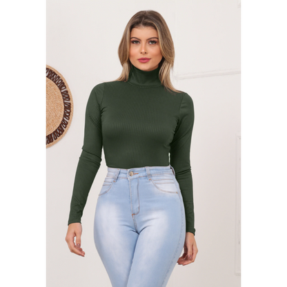 Blusa Canelada Gola Alta Manga Longa