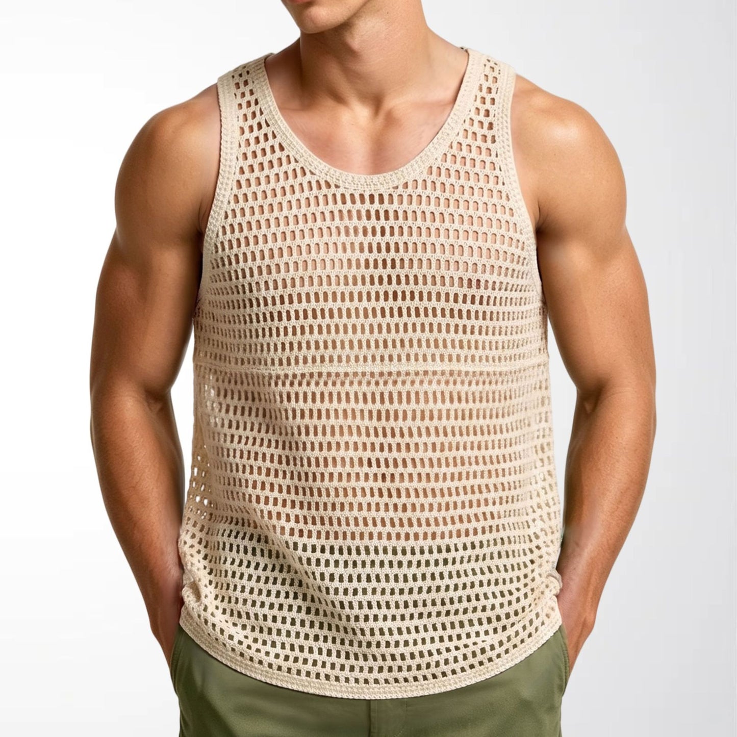 Camiseta regata de malha para exercícios, ideal para homens.