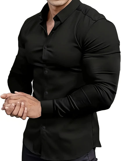 Camisa masculina casual de manga comprida em cor sólida para primavera e outono.