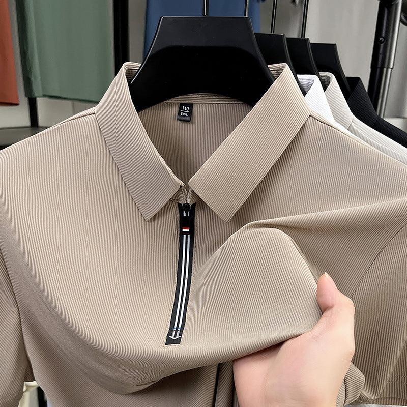 Camisa polo masculina de verão, estilo business casual, em tecido de seda gelada elástico, manga curta e meio zíper.