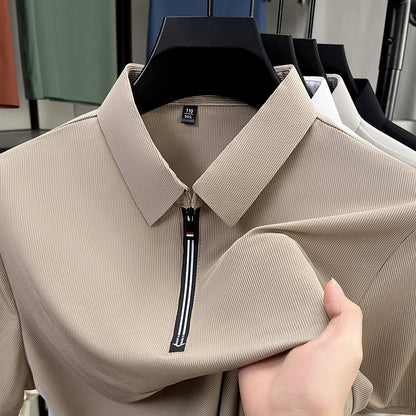 Camisa polo masculina de verão, estilo business casual, em tecido de seda gelada elástico, manga curta e meio zíper.