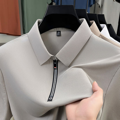 Camisa polo masculina de verão, estilo business casual, em tecido de seda gelada elástico, manga curta e meio zíper.