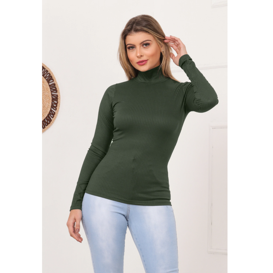 Blusa Canelada Gola Alta Manga Longa