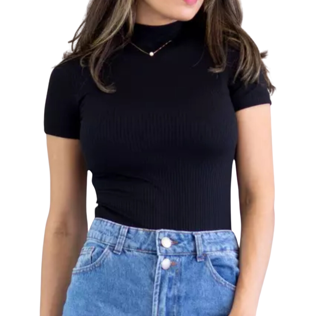 Cropped Canelado Manguinha Gola Alta