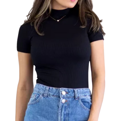 Cropped Canelado Manguinha Gola Alta