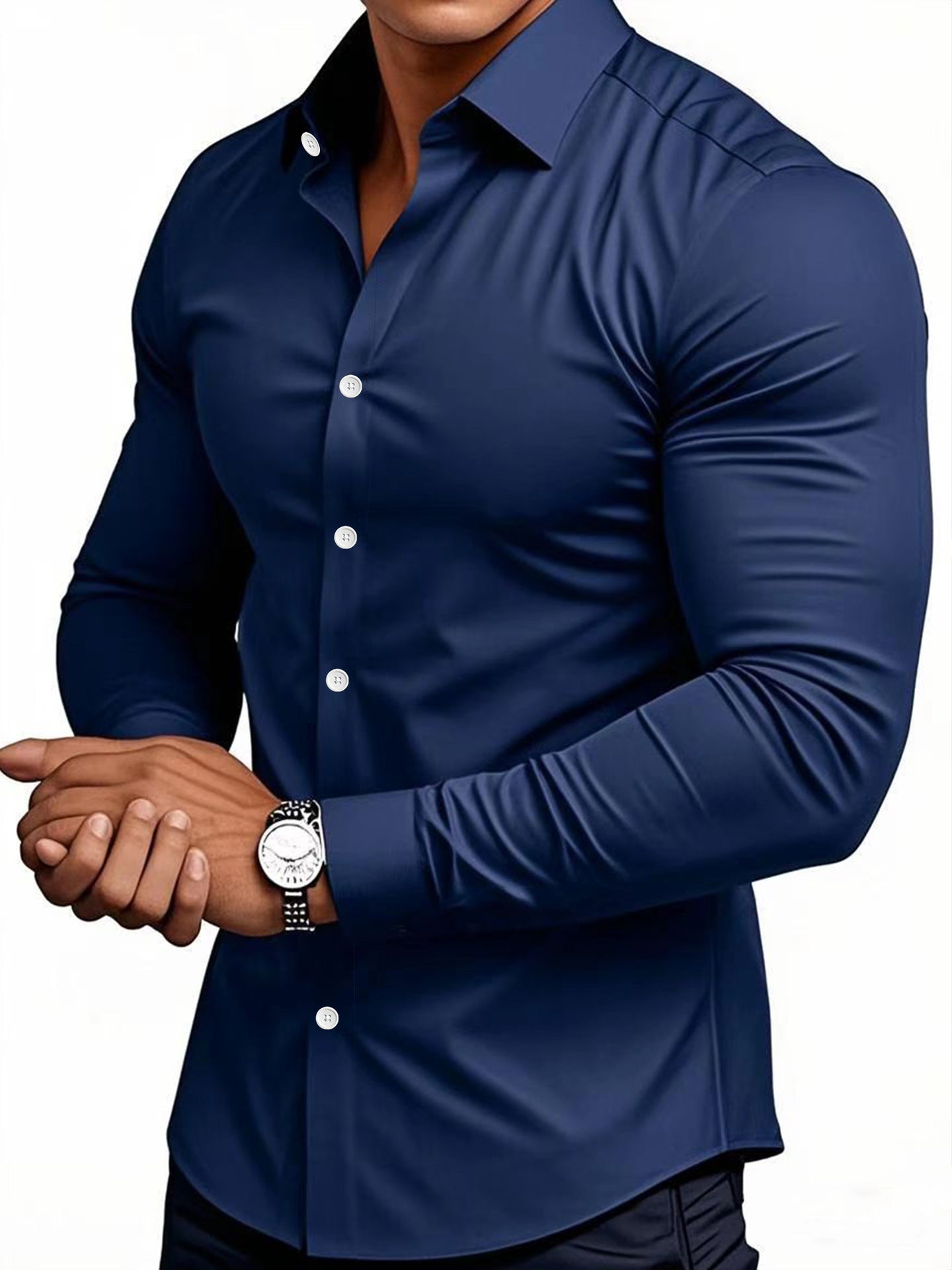 Camisa masculina casual de manga comprida em cor sólida para primavera e outono.