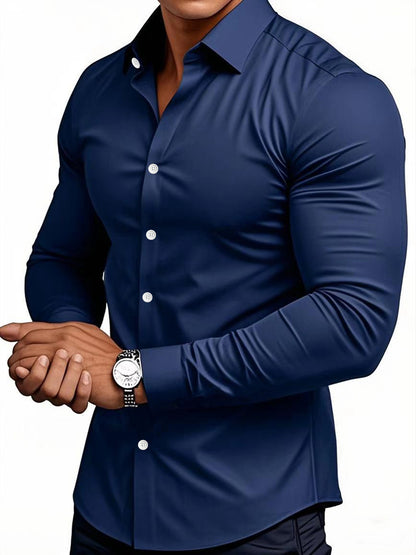 Camisa masculina casual de manga comprida em cor sólida para primavera e outono.