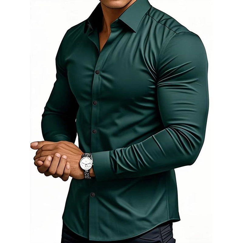 Camisa masculina casual de manga comprida em cor sólida para primavera e outono.
