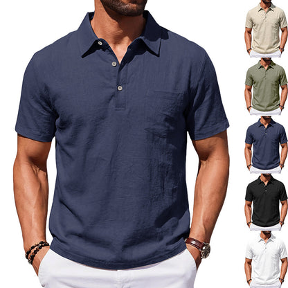 Camisa polo masculina de linho para praia, modelagem solta, casual e minimalista.