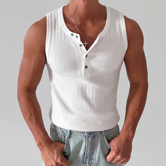 Regata masculina casual com gola Henley e sem mangas