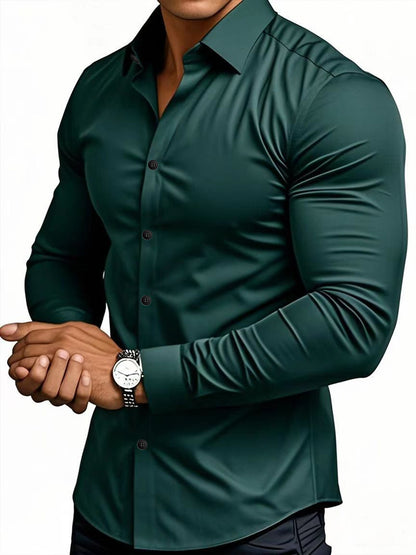 Camisa masculina casual de manga comprida em cor sólida para primavera e outono.