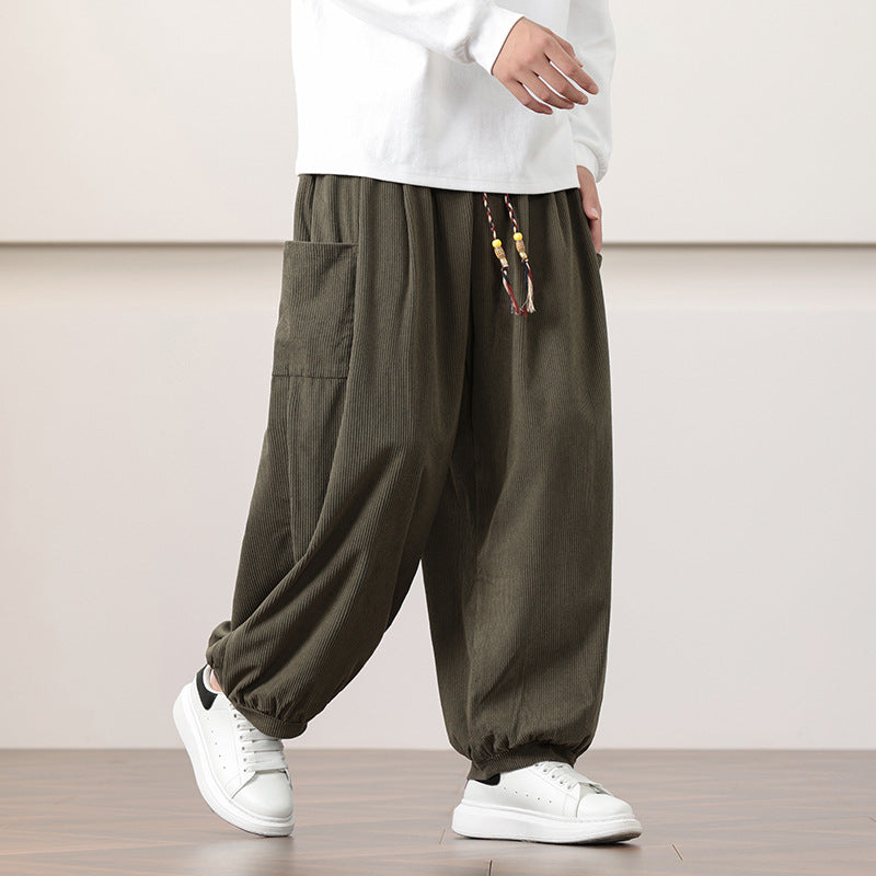 Calças Harem de veludo cotelê estilo chinês para homem, modelagem folgada, ideal para o outono.