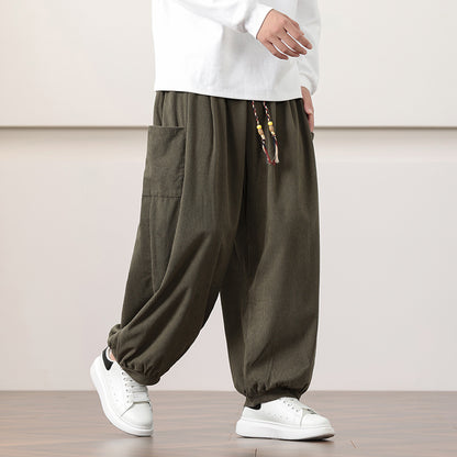 Calças Harem de veludo cotelê estilo chinês para homem, modelagem folgada, ideal para o outono.