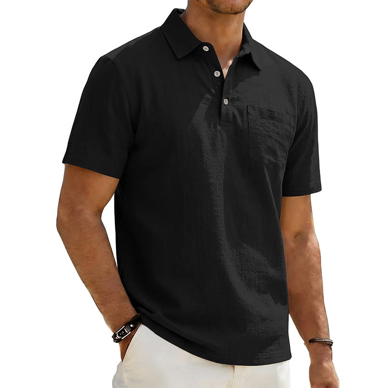 Camisa polo masculina de linho para praia, modelagem solta, casual e minimalista.