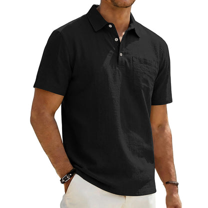 Camisa polo masculina de linho para praia, modelagem solta, casual e minimalista.
