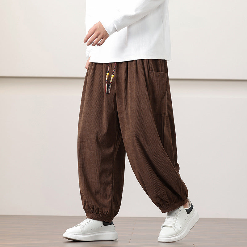 Calças Harem de veludo cotelê estilo chinês para homem, modelagem folgada, ideal para o outono.