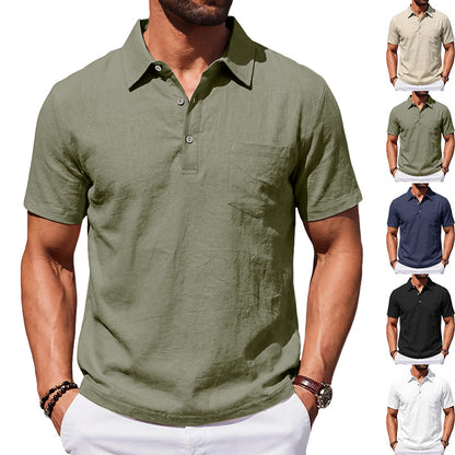 Camisa polo masculina de linho para praia, modelagem solta, casual e minimalista.
