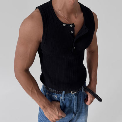 Regata masculina casual com gola Henley e sem mangas