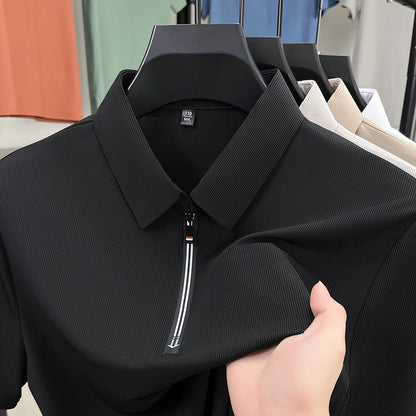 Camisa polo masculina de verão, estilo business casual, em tecido de seda gelada elástico, manga curta e meio zíper.