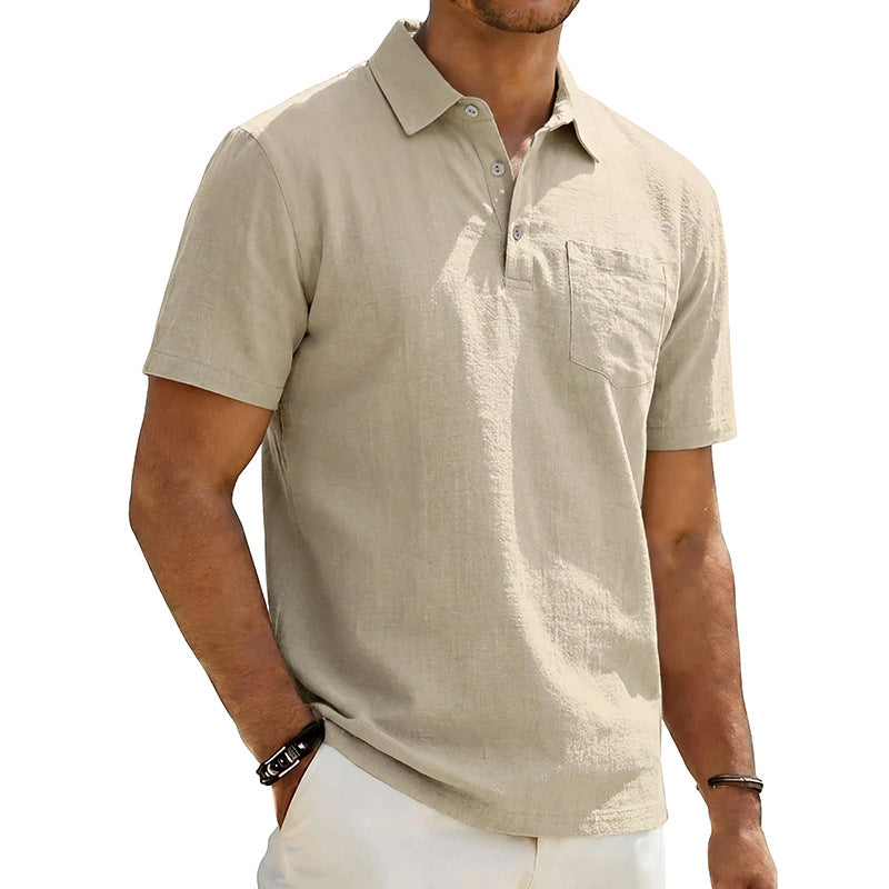 Camisa polo masculina de linho para praia, modelagem solta, casual e minimalista.