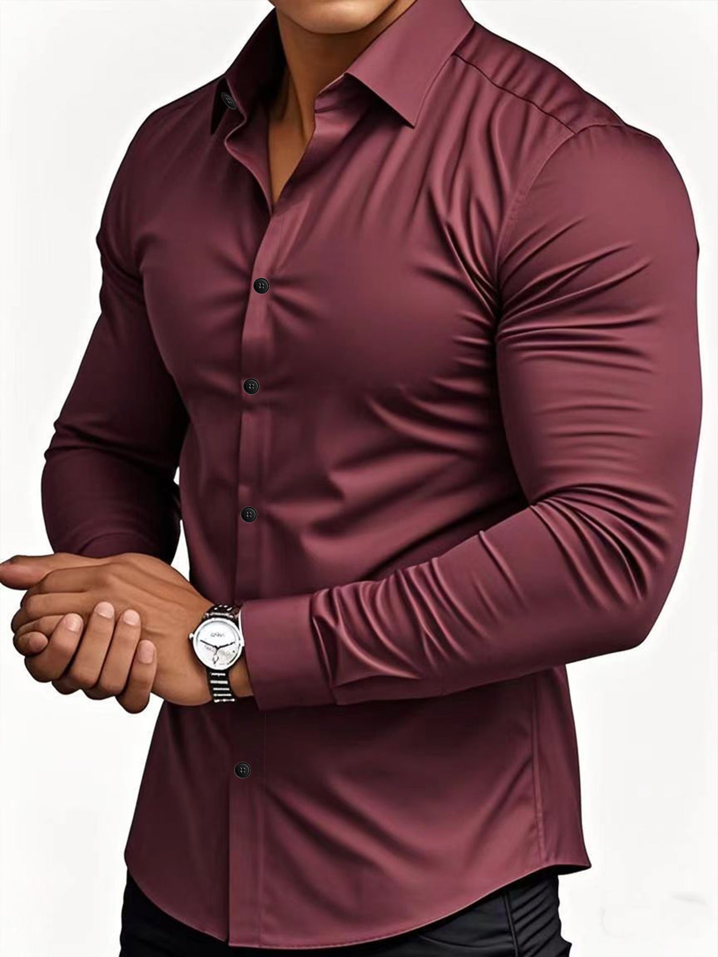 Camisa masculina casual de manga comprida em cor sólida para primavera e outono.