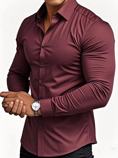 Camisa masculina casual de manga comprida em cor sólida para primavera e outono.