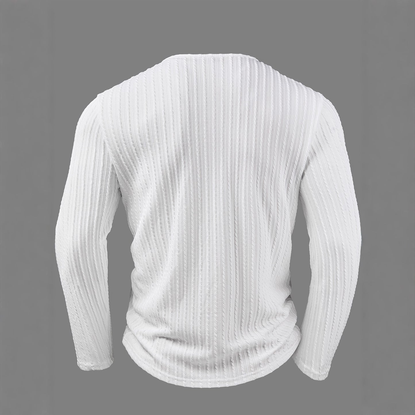 Camisa de malha texturizada de cor sólida com gola redonda e mangas compridas com botões.