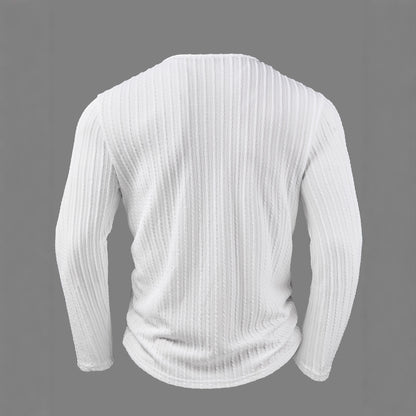 Camisa de malha texturizada de cor sólida com gola redonda e mangas compridas com botões.