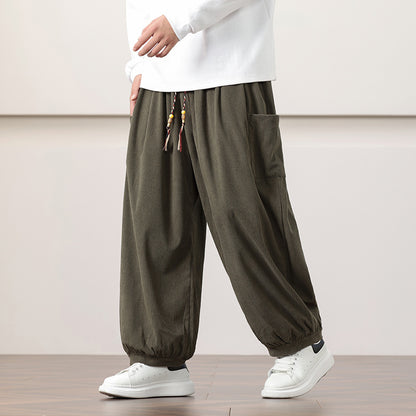 Calças Harem de veludo cotelê estilo chinês para homem, modelagem folgada, ideal para o outono.