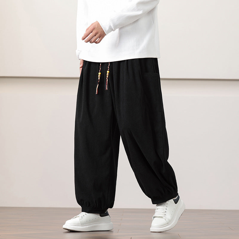 Calças Harem de veludo cotelê estilo chinês para homem, modelagem folgada, ideal para o outono.