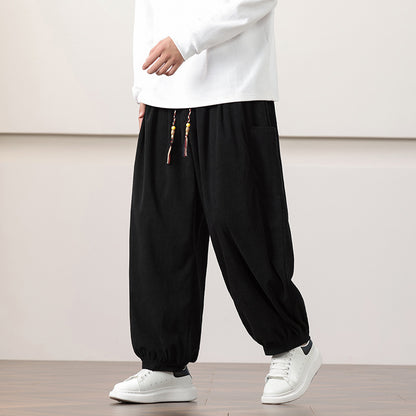 Calças Harem de veludo cotelê estilo chinês para homem, modelagem folgada, ideal para o outono.