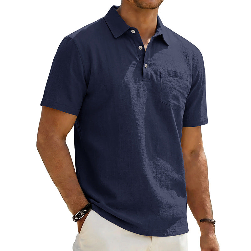 Camisa polo masculina de linho para praia, modelagem solta, casual e minimalista.