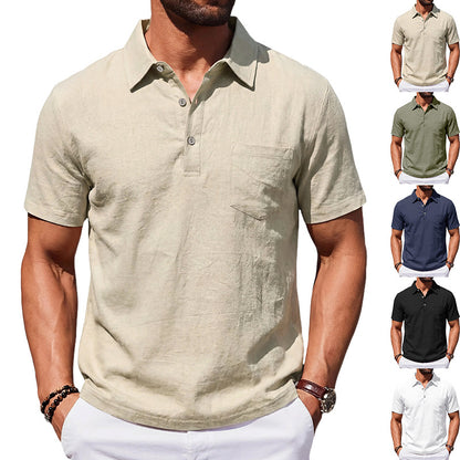 Camisa polo masculina de linho para praia, modelagem solta, casual e minimalista.