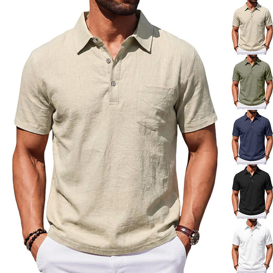 Camisa polo masculina de linho para praia, modelagem solta, casual e minimalista.