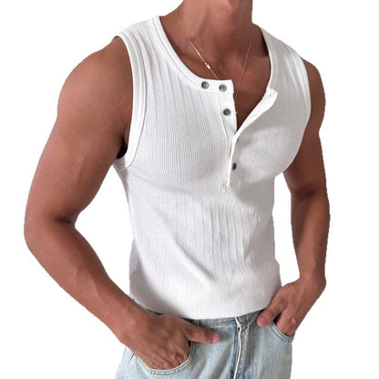 Regata masculina casual com gola Henley e sem mangas
