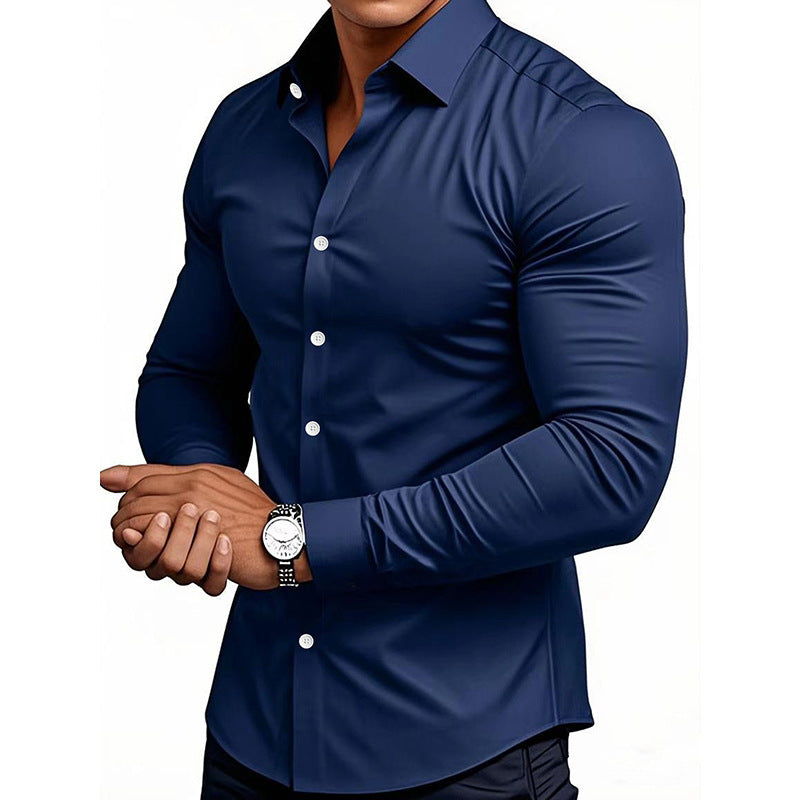 Camisa masculina casual de manga comprida em cor sólida para primavera e outono.