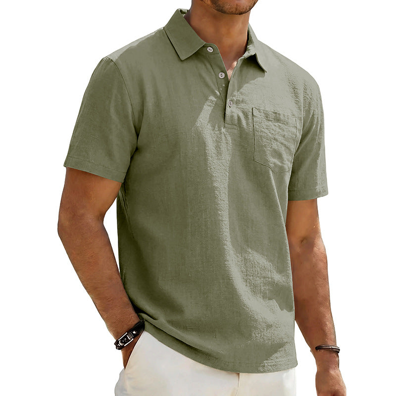 Camisa polo masculina de linho para praia, modelagem solta, casual e minimalista.