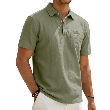 Camisa polo masculina de linho para praia, modelagem solta, casual e minimalista.