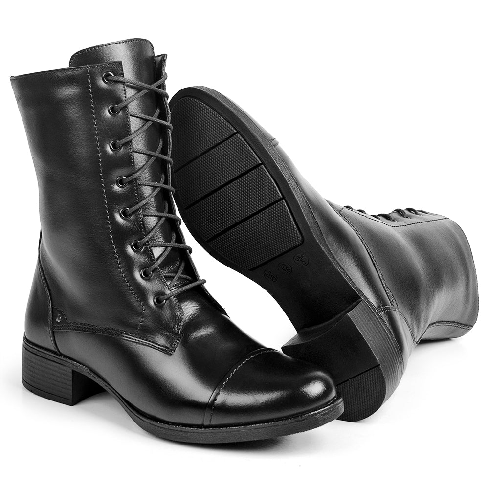 Bota Coturno Cano Médio Couro Preto