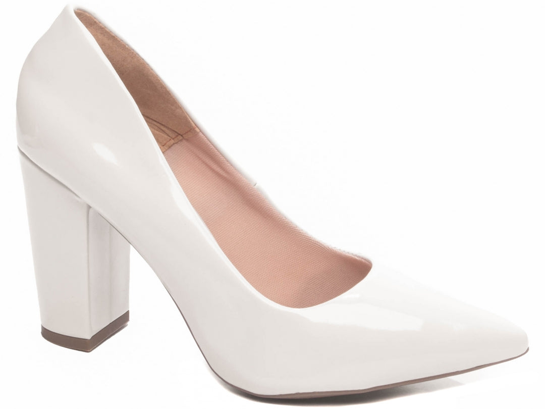 Sapato Scarpin Salto Quadrado Verniz Off White